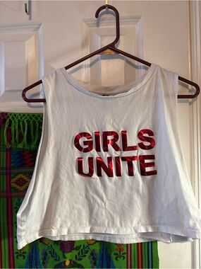 Divided White Cropped Tank with Red Foil 'GIRLS UNITE'